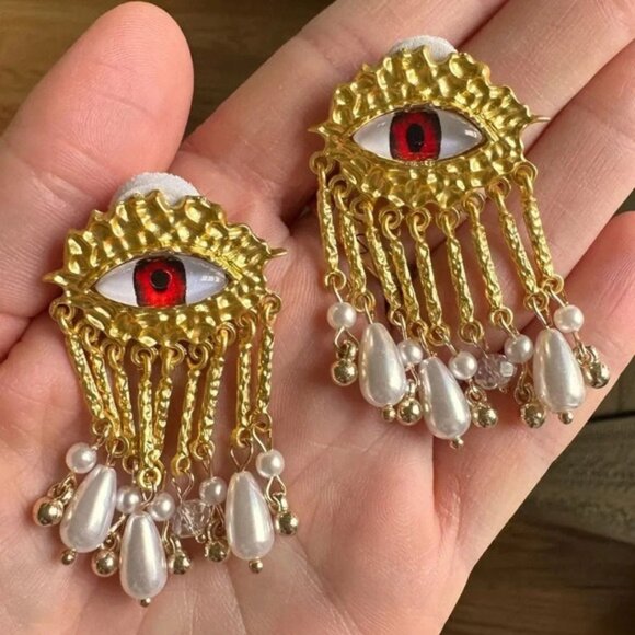 Red Evil Eye Protection Pearl Dangle Earrings - Picture 6 of 7